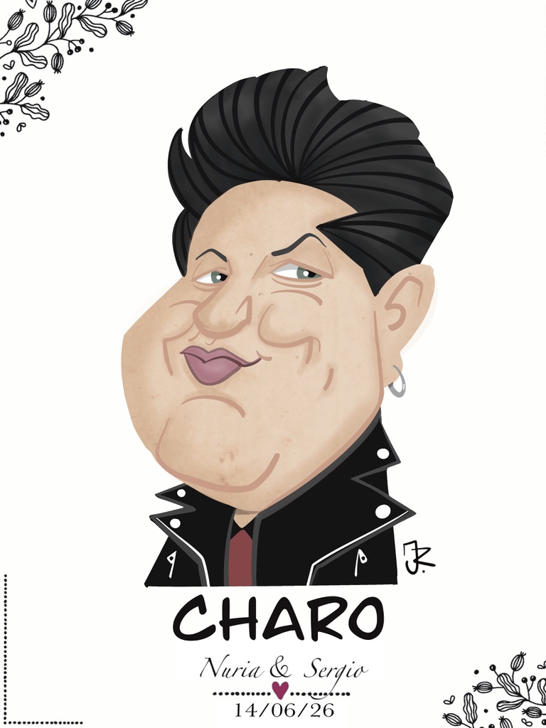 Marcasitio de boda personalizado con caricatura de Charo y fecha de la celebración