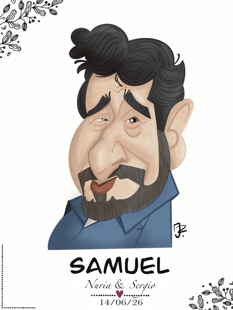 Marcasitio de boda personalizado con caricatura de Samuel y nombre de los novios
