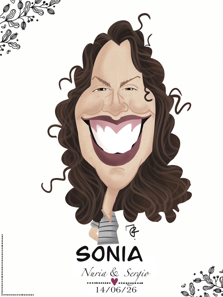 Marcasitio personalizado de boda con caricatura, nombre y fecha de la celebración