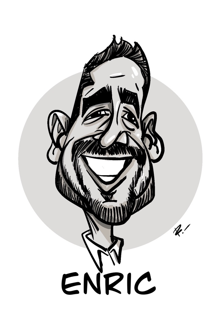 Marcasitio de boda con caricatura en blanco y negro de Enric