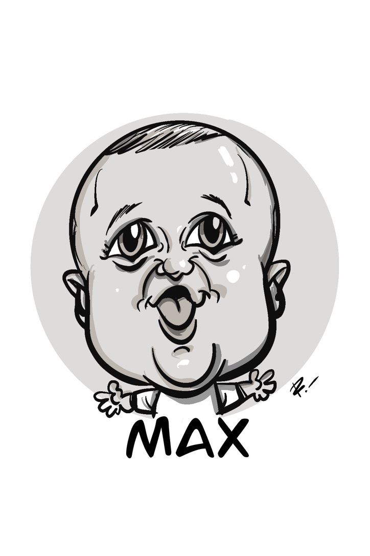 Marcasitio infantil con caricatura en blanco y negro y el nombre Max