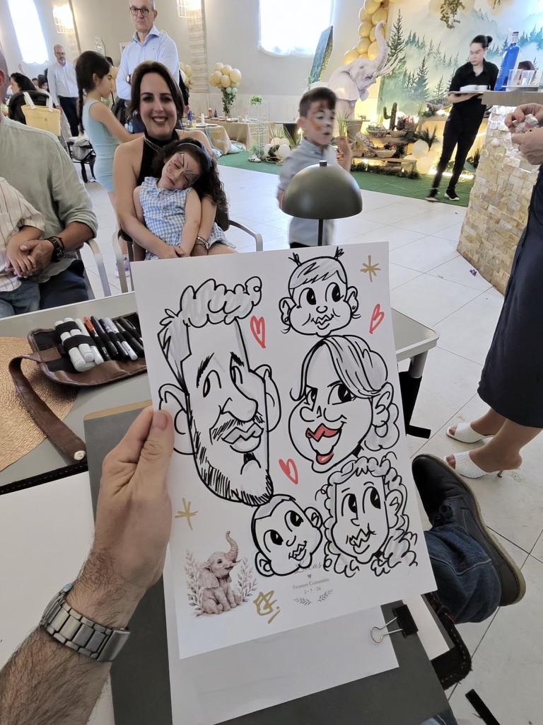 Caricatura familiar terminada en directo durante una celebración