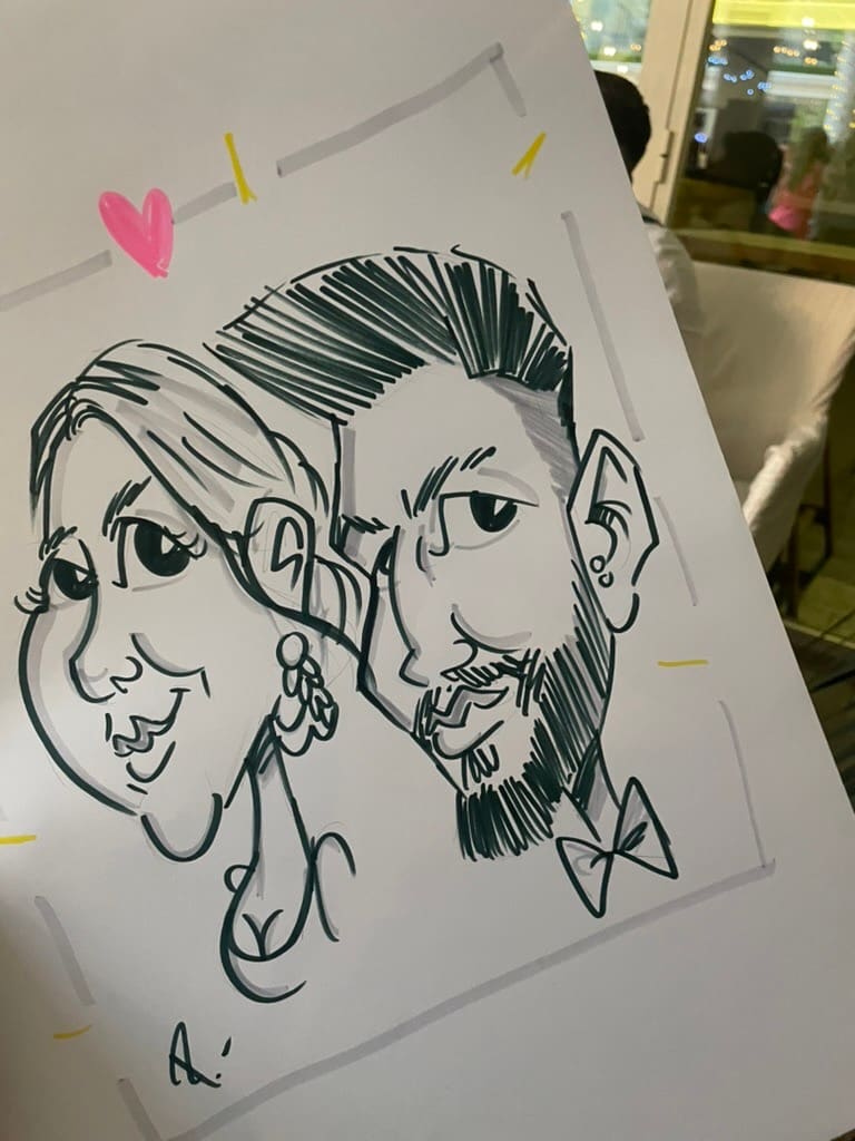 Caricatura rápida en blanco y negro de una pareja en una boda