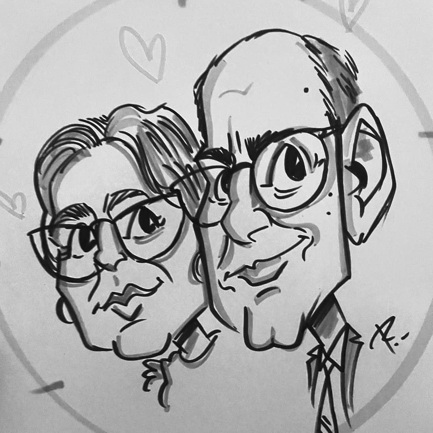 Caricatura en blanco y negro de dos invitados con gafas