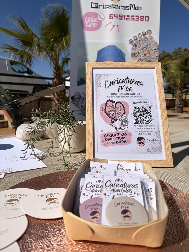 Puesto exterior de CaricaturasMon preparado para una boda