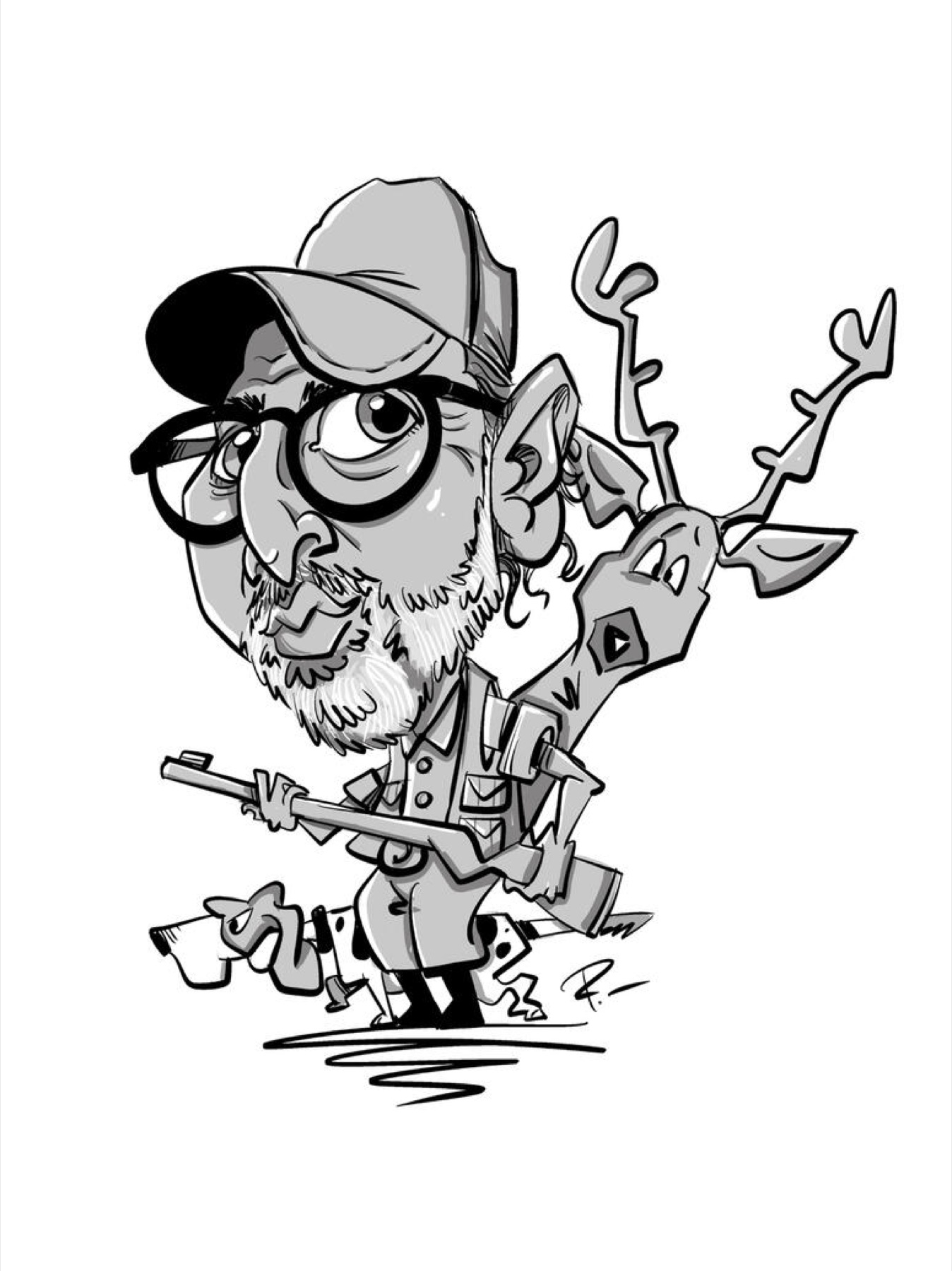 Caricatura en blanco y negro de un cazador